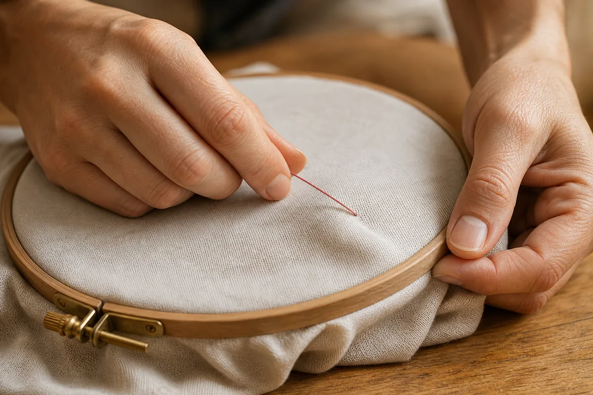 Mains d’artisan tendant un jersey clair dans un cerceau de broderie sur un plan de travail en bois