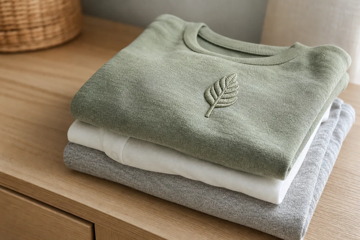 Pile de sweats et bodys enfant pliés, un motif brodé en relief visible sur le tissu, lumière naturelle