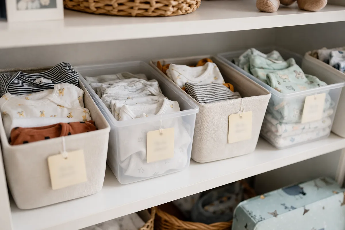Bacs de rangement étiquetés par taille remplis de bodies et pyjamas de bébé pliés